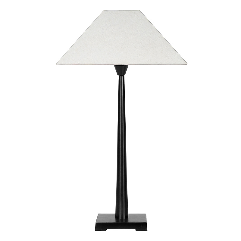 Minimal clean tafellamp Parisio met een metalen afwerking in het zwart en witte linnen kap voor een industrieel en modern interieur
