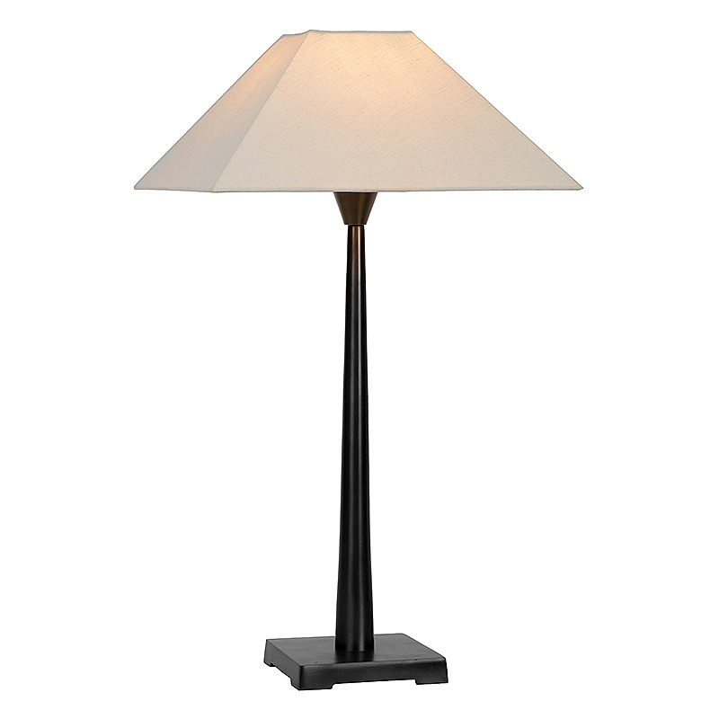 Moderne tafellamp Parisio met afwerking in een zwarte metalen frame en witte linnen kap voor een industrieel interieur ideaal voor in de woonkamer