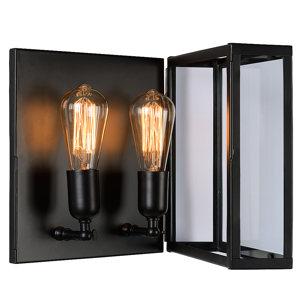 Zwarte metalen wandlamp Orion - dubbel met goud binnenin met gloeidraad en rookgrijs glas ideaal voor sfeer verlichting