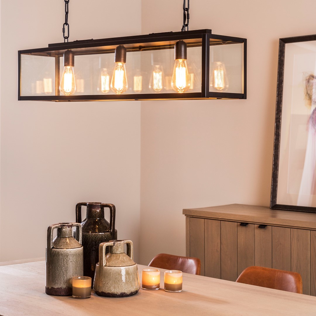 Moderne hanglamp Manoir 100 met zwarte metalen frame met helder glas voor industrieel en modern intrieur