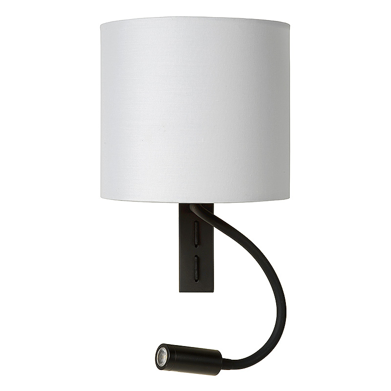 Minimal clean wandlamp Omer met een metalen afwerking in het zwart en witte linnen kap voor een industrieel en modern interieur