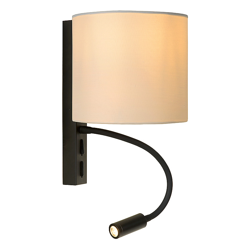Moderne wandlamp Omer met afwerking in een zwarte metalen frame en witte linnen kap voor een industrieel interieur ideaal voor in de woonkamer