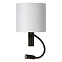 Minimal clean wandlamp Omer met een metalen afwerking in het zwart en witte linnen kap voor een industrieel en modern interieur