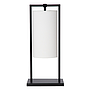 Moderne tafellamp Windsor met afwerking in een zwarte metalen frame en witte linnen kap voor een industrieel interieur ideaal voor in de woonkamer